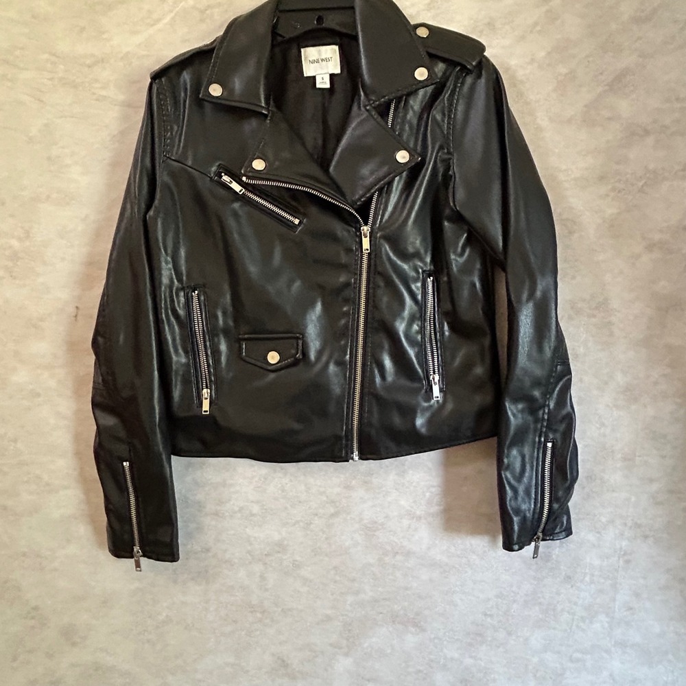 Nine West Womens Black Faux Leather Moto Biker Jacket Size S RN73277